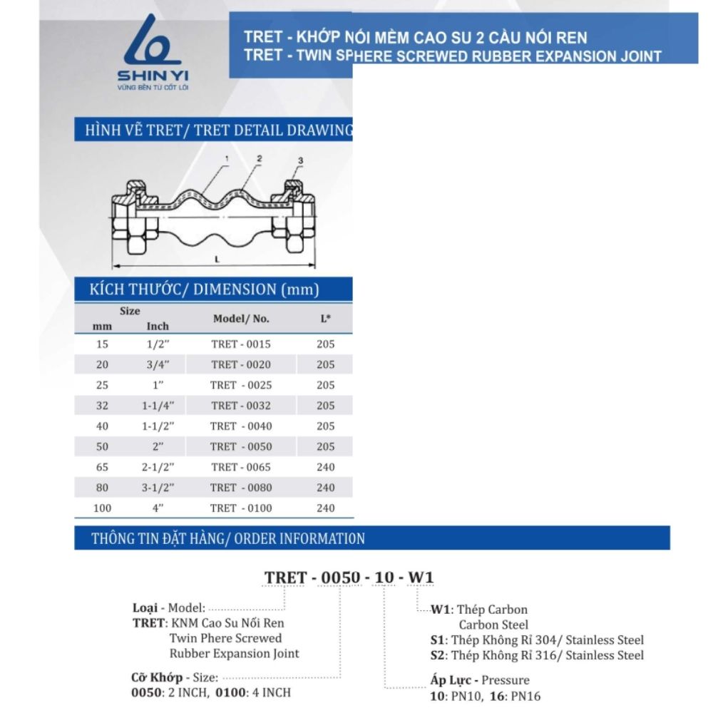 Khớp nối mềm cao su ShinYi DN25 5 Cấu tạo thông số Khớp nối mềm cao su ren ShinYi
